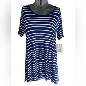 NWT LuLaRoe Morgan Flare Tee in navy blue and white stripes